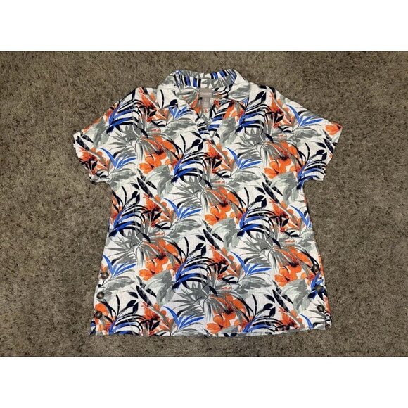 CHICOS Linen Blend Short Sleeve Hawaiian Floral Collared Tunic Top Beach SMALL - Picture 1 of 13